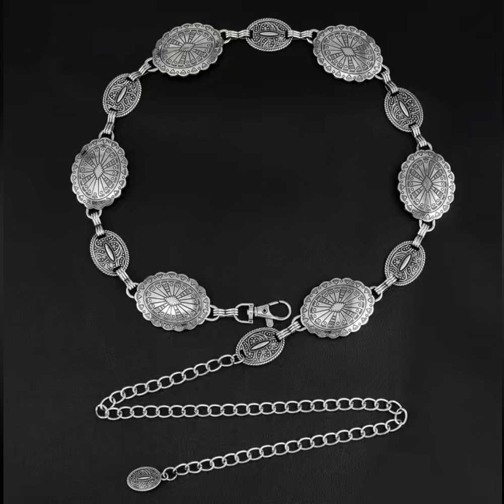 Vintage Style Rustic Silver Concho Metal Adjust Chain Waist Belt Lobster Clasp